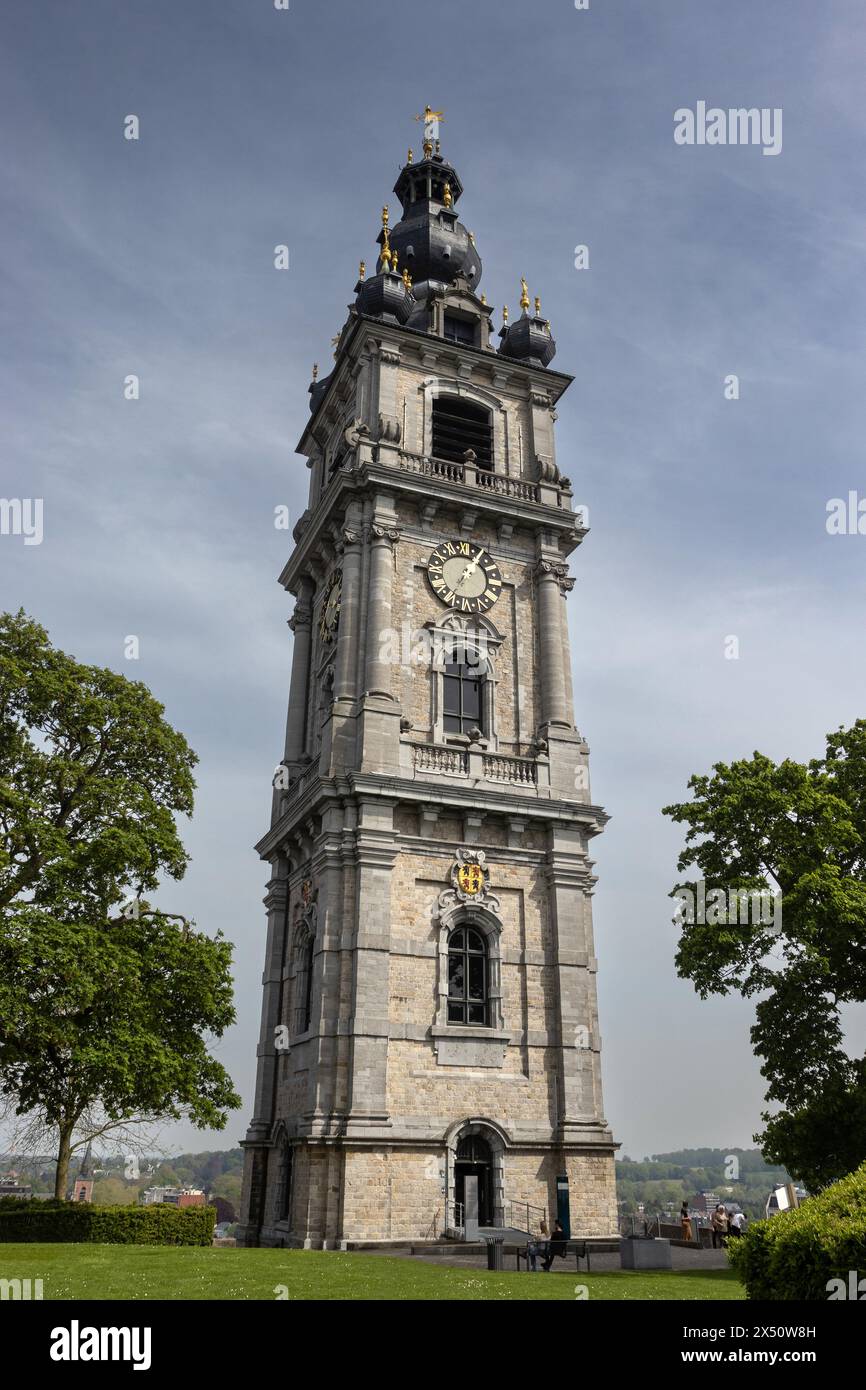 The beautiful Baroque style Belfry of Mons, in Hainaut, Belgium. Built in 1672 it overlooks the city in Parc de Chateau. Stock Photo