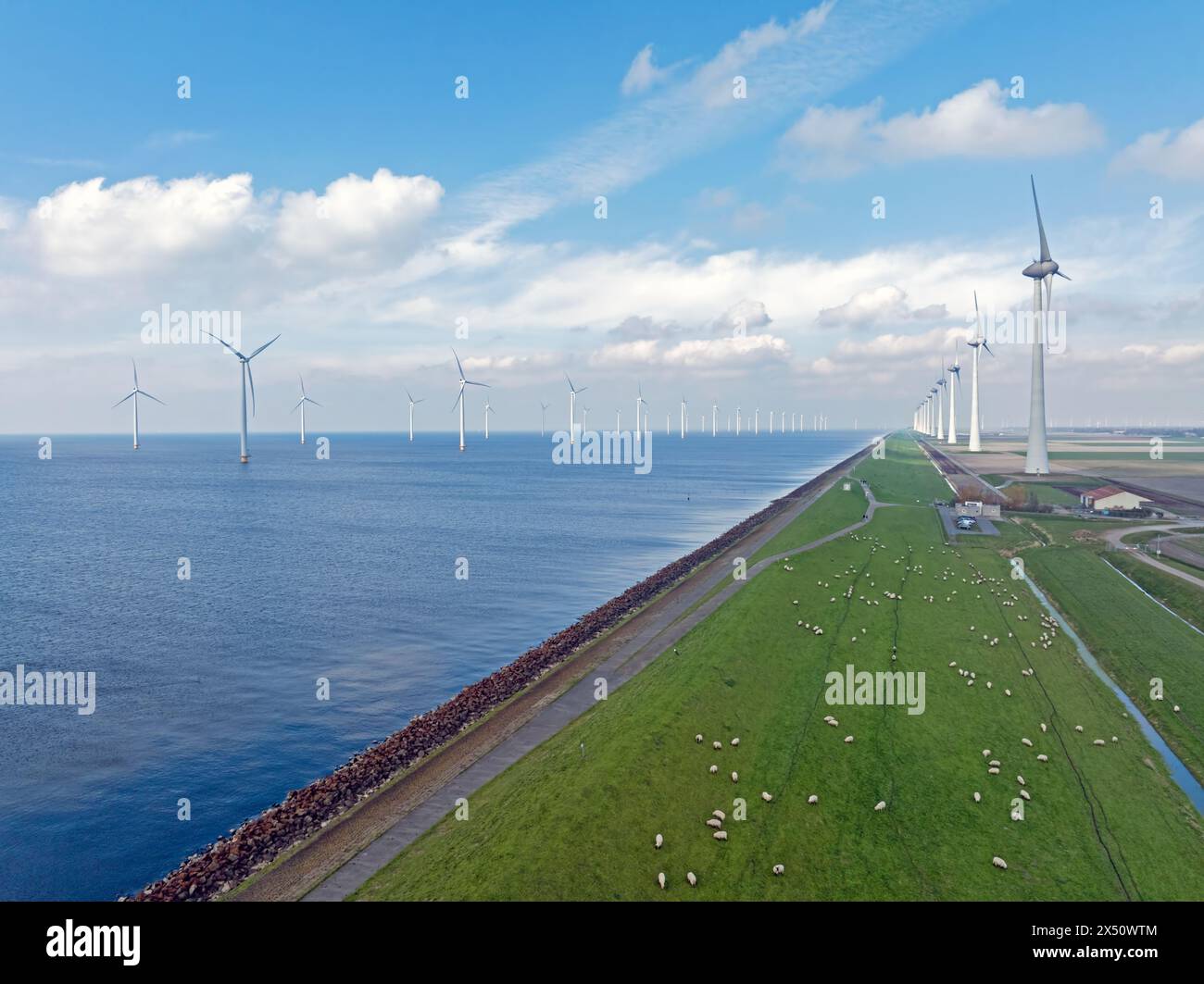Windmolens aan de dijk bij Urk in Nederland netherlands out - belgium out Stock Photo