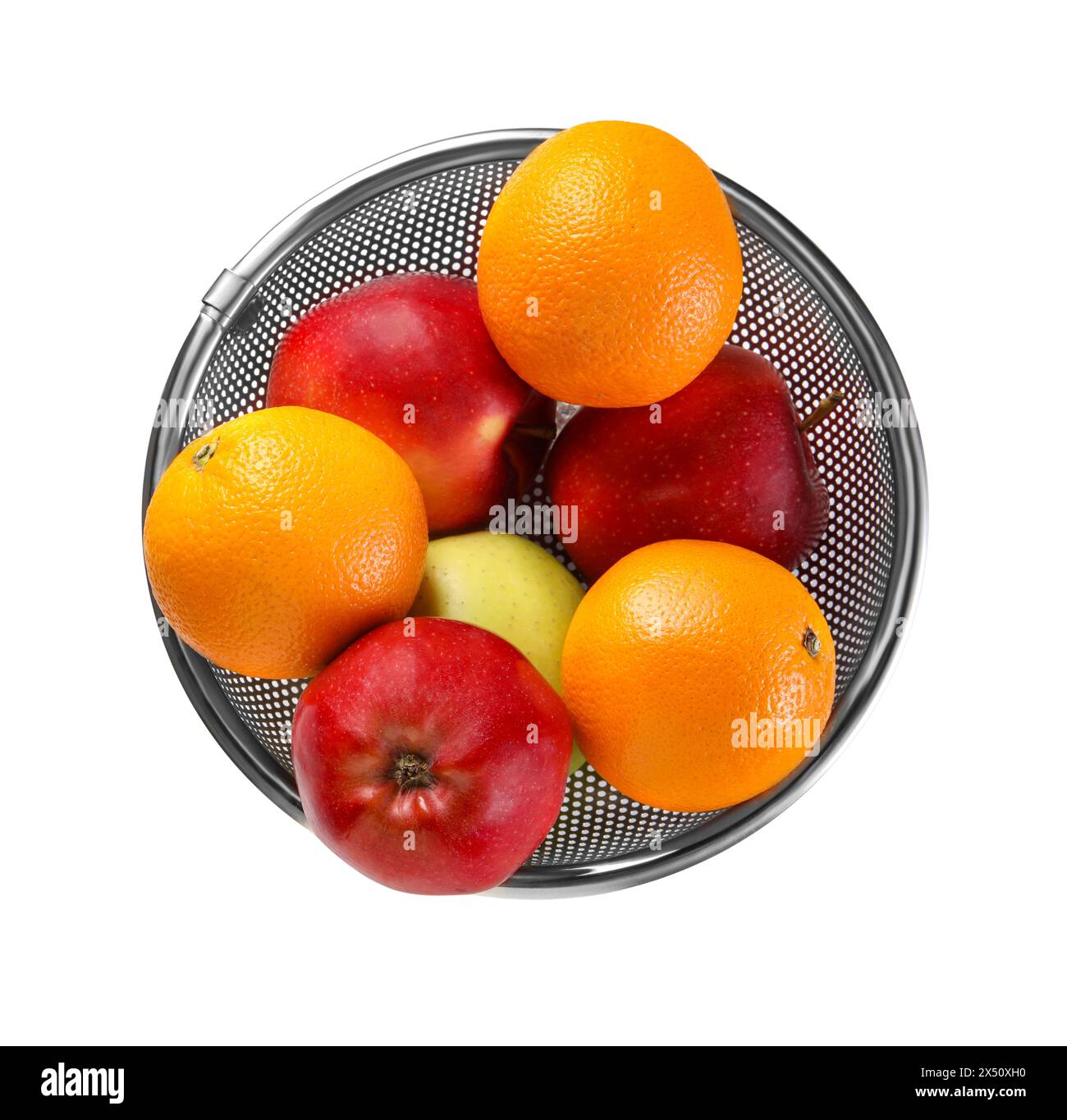 Colander with fresh fruits isolated on white, top view Stock Photo - Alamy