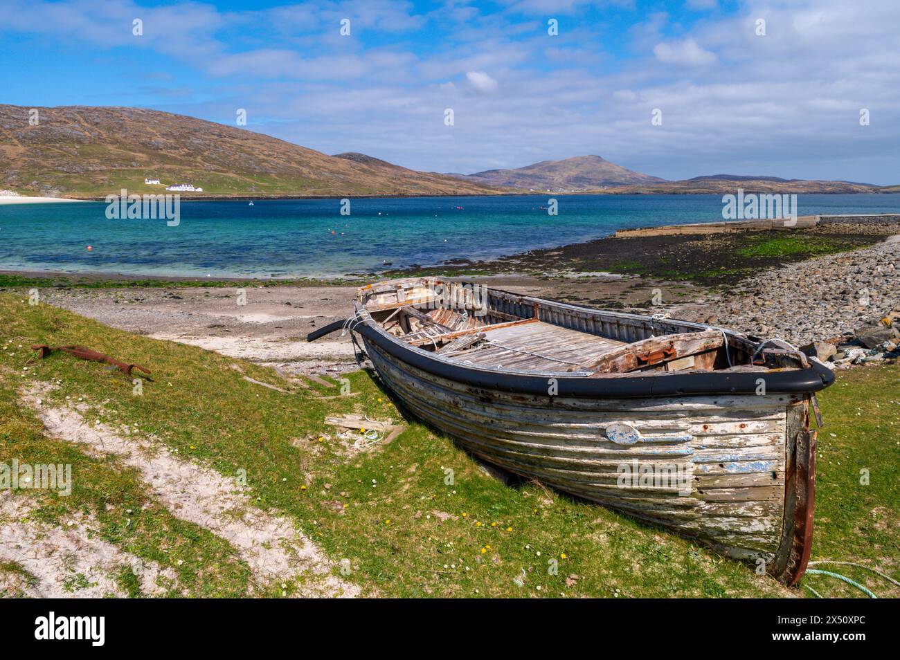 Old boat and Vatersay Bay, Vatersay, Scotland Stock Photo