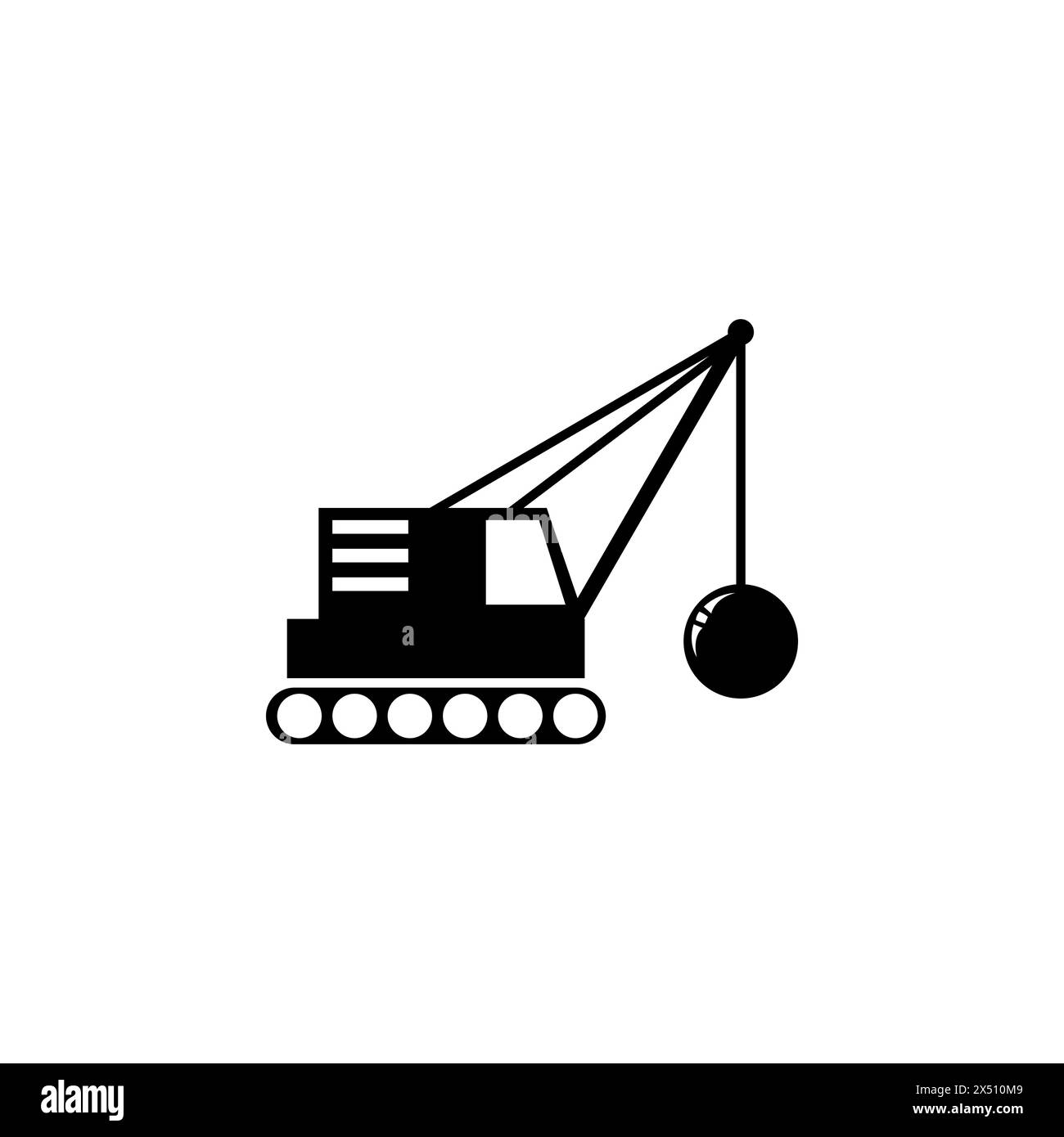 Demolition Building Machine, Crane with Wrecking Ball. Flat Vector Icon illustration Simple black symbol on white background. Demolition Ball Machine Stock Vector