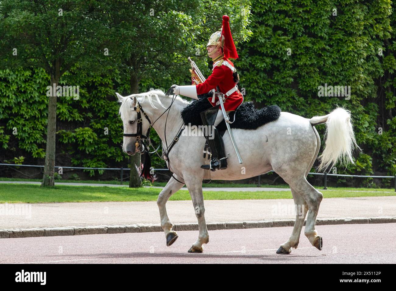 London, UK. 1st May, 2024. A horse ridden by a trumpeter from the ...