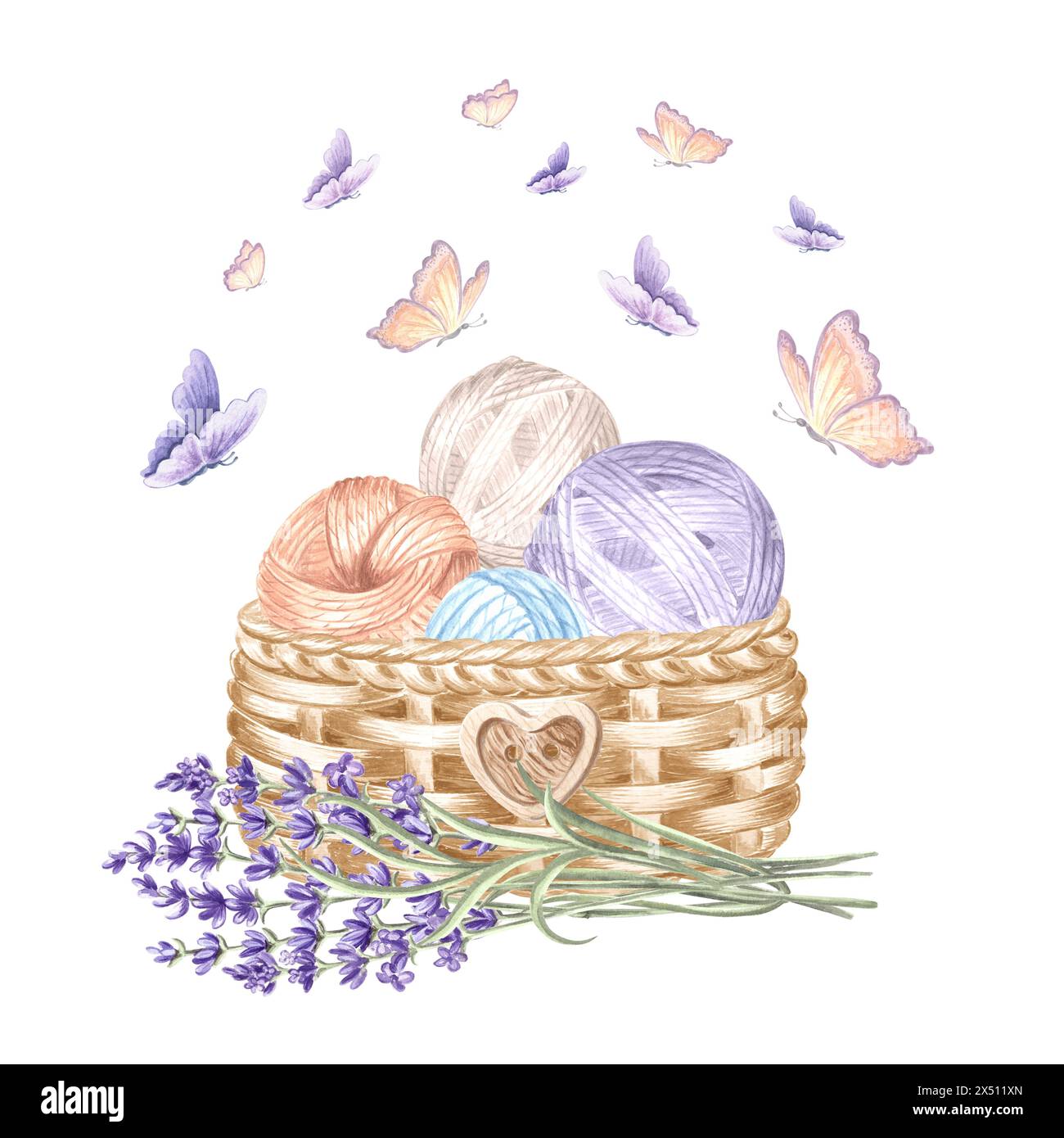 Lavender twig Balls of yarn in wicker basket Butterflies flying Arrangement with tangles of wool thread. Hand drawn watercolor illustration. Isolated Stock Photo