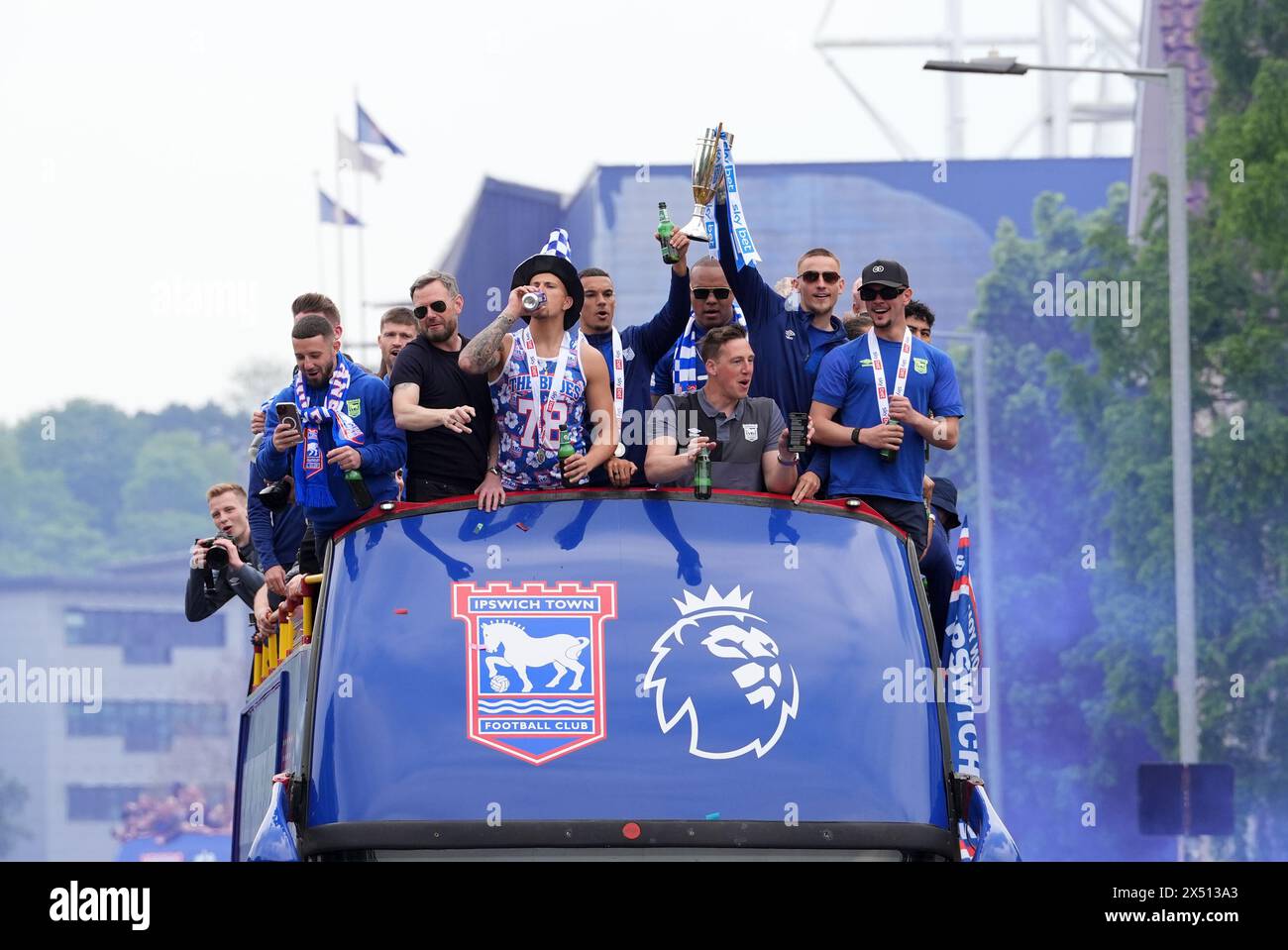 Ipswich Town players during an open-top bus parade in Ipswich to
