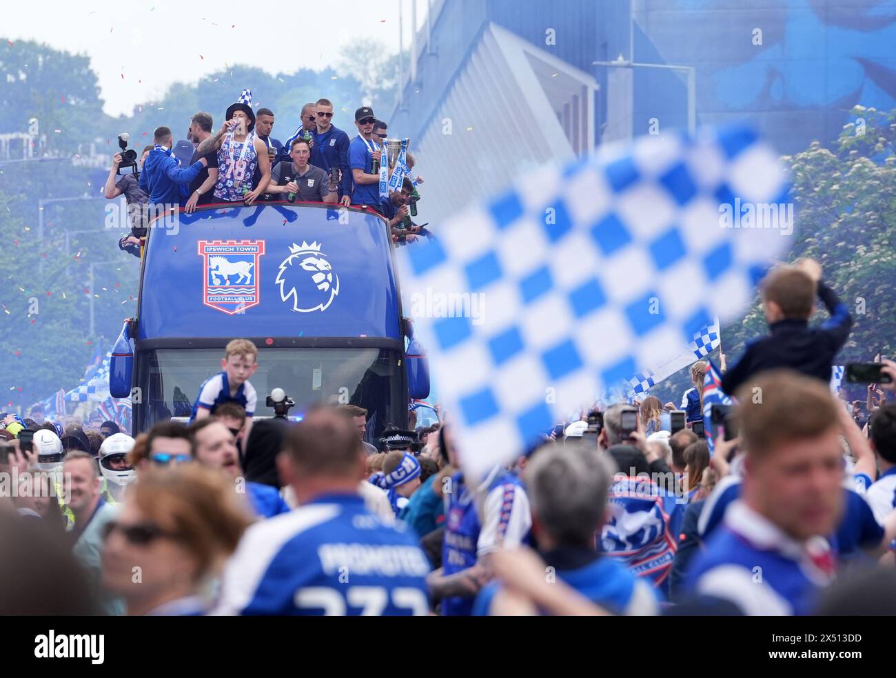 Ipswich Town players during an open-top bus parade in Ipswich to