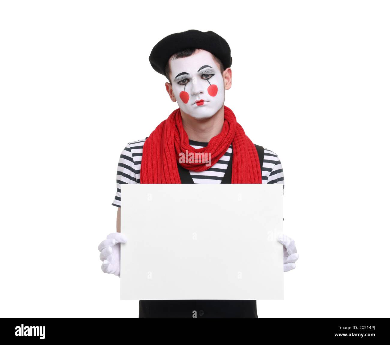 Sad mime artist with blank sign on white background Stock Photo