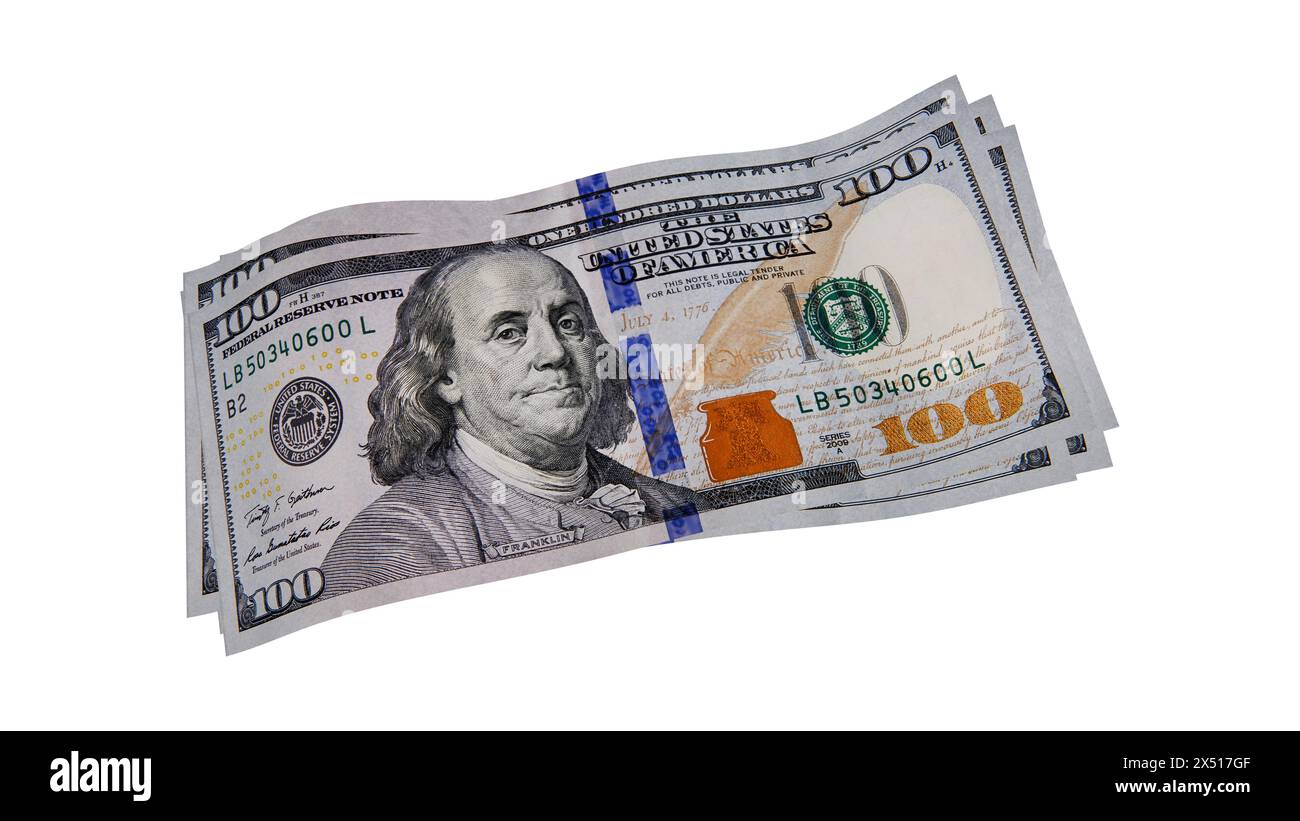 Flying $100 Dollar Bills on White Background Stock Photo