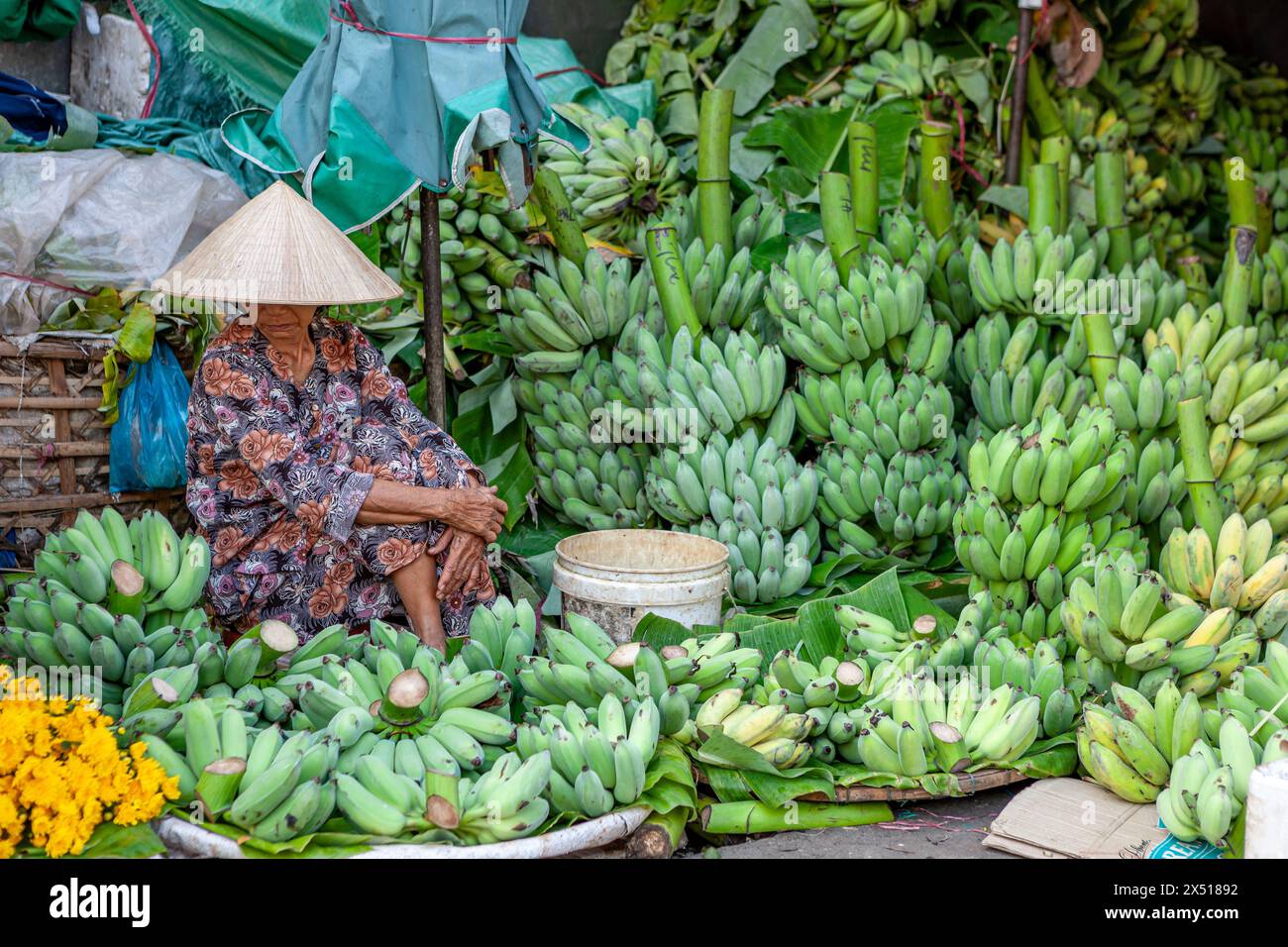 Vietnam, Hue, Banana seller at the market Stock Photo