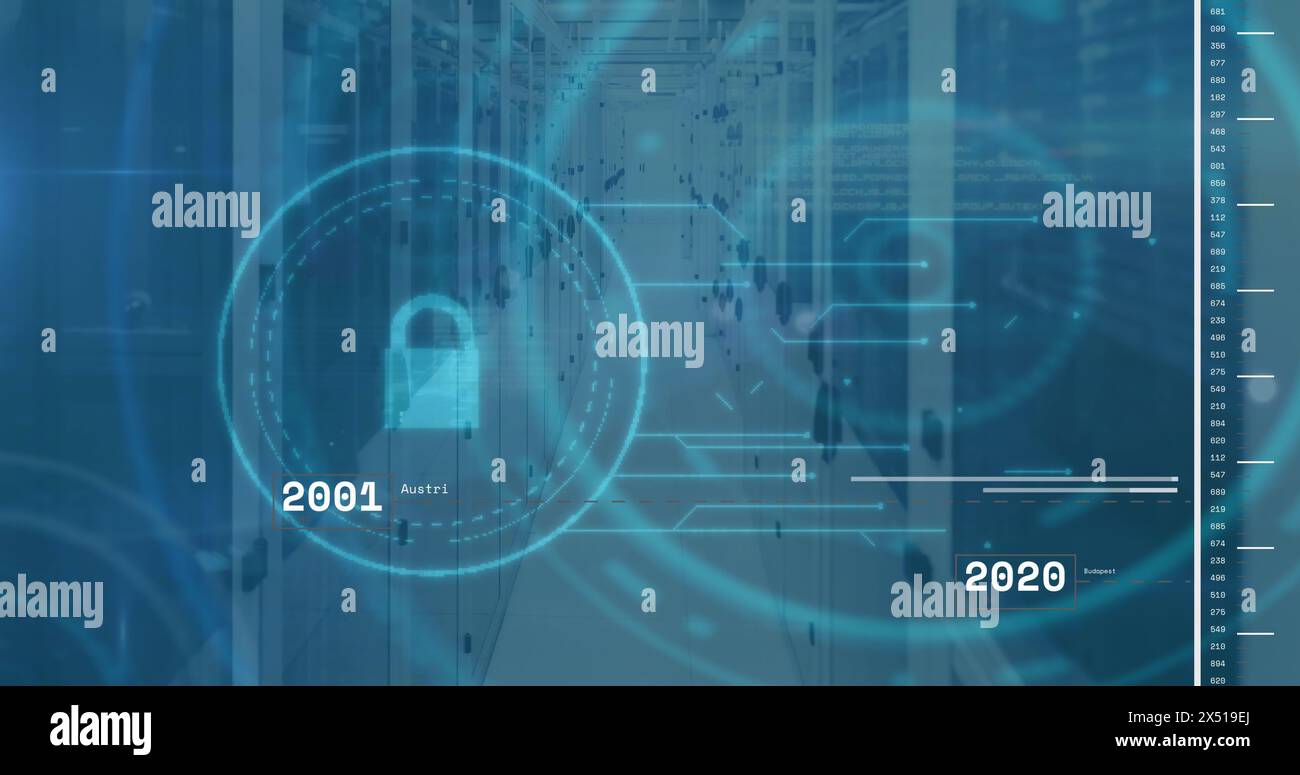 Image of security padlock icon and data processing against computer ...