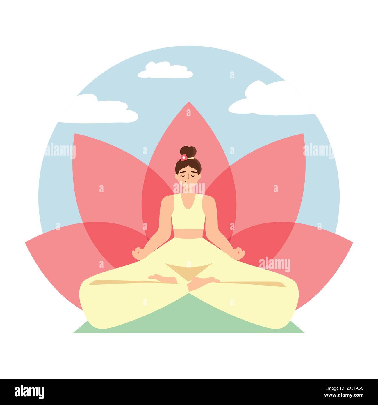 Cute cartoon girl sitting in yoga pose with lotus flower. Meditating ...