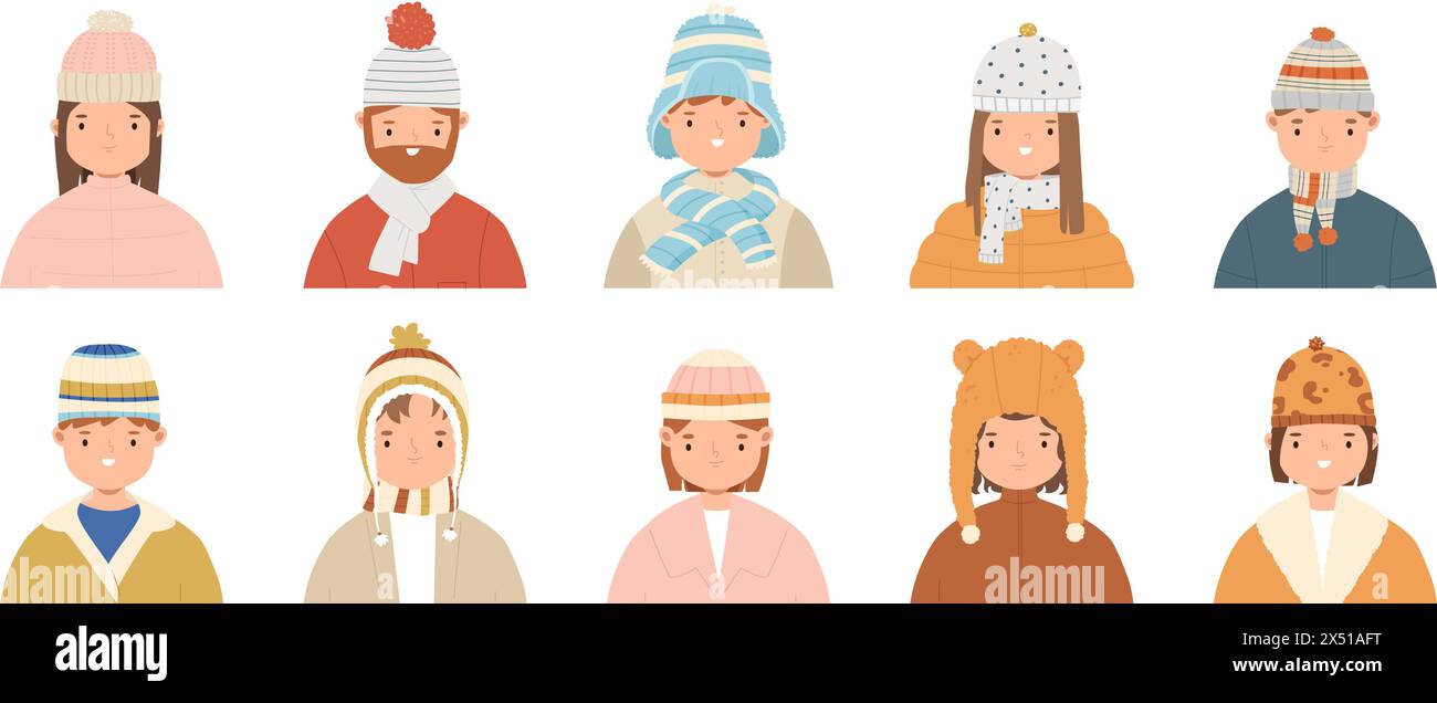 People winter portraits. Cute boys girls wear warm hats and scarves. Person in cold weather in scarf and hat. Stylish snugly vector characters Stock Vector