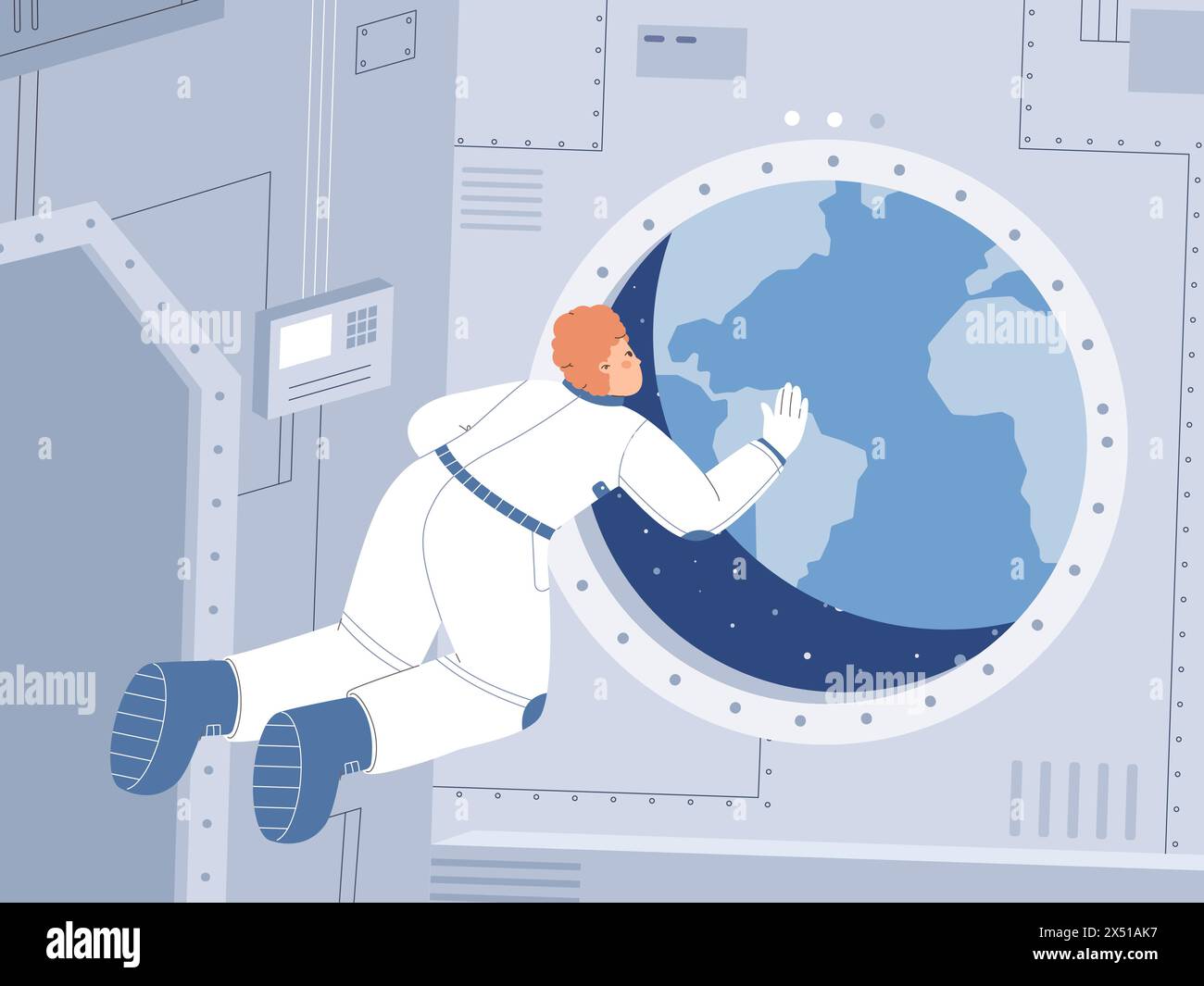 Astronaut look on earth. Cosmonaut floating in air in weightlessness on spaceship and looking outside. Universe explorer and adventure, snugly vector Stock Vector