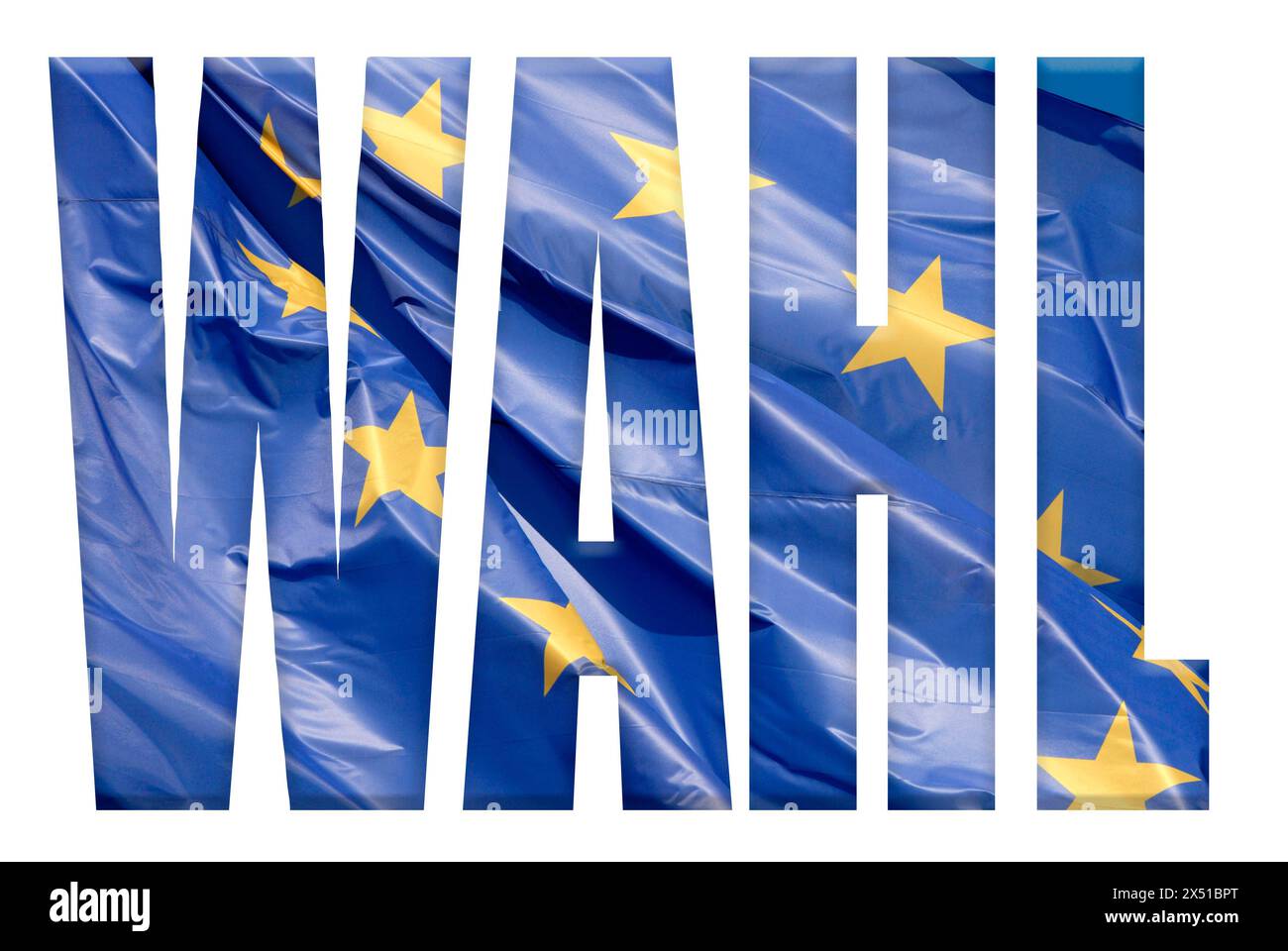 Digital composite. The word wahl German : Election with an overlay of the European union flag flying in the wind. Between the 6th and 9th of June 2024 elections take place for the European parliament. eu, vote, polling, germany, austria, Stock Photo
