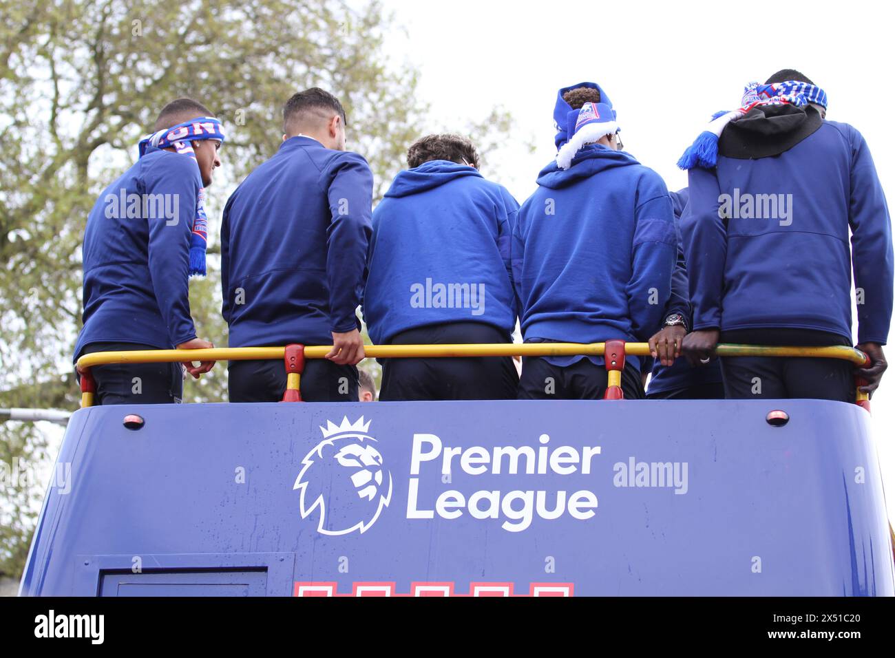 Ipswich, UK. 6th May, 2024. Ipswich Town Football Club celebrate back to back promotions, this season to the Premier League. Some of the players as seen from behind on the back of the team bus. Credit:Eastern Views/Alamy Live News Stock Photo