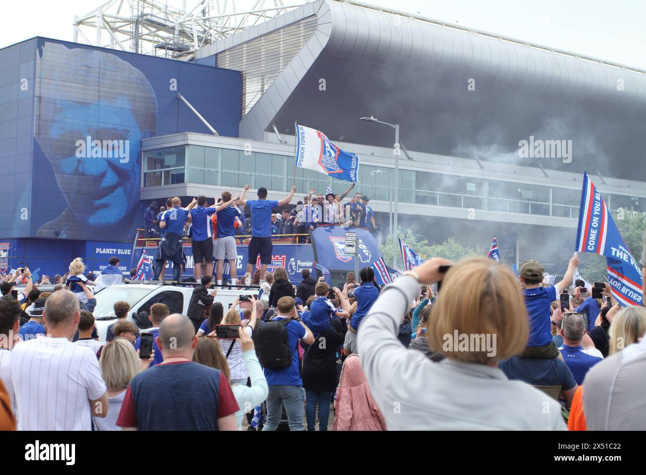 Ipswich, UK. 6th May, 2024. Ipswich Town Football Club celebrate back to back promotions, this season to the Premier League. Thousands of supporters gathered at the ground in Portman Road to welcome the team bus before it made its way through the town. Credit:Eastern Views/Alamy Live News Stock Photo