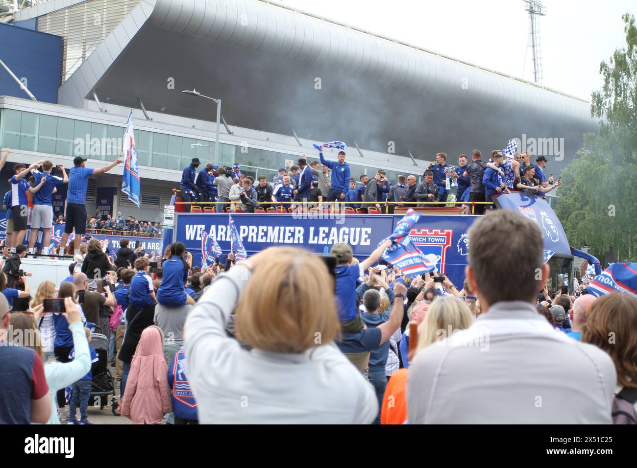 Ipswich, UK. 6th May, 2024. Ipswich Town Football Club celebrate back to back promotions, this season to the Premier League. Thousands of supporters gathered at the ground in Portman Road to welcome the team bus before it made its way through the town. Credit:Eastern Views/Alamy Live News Stock Photo