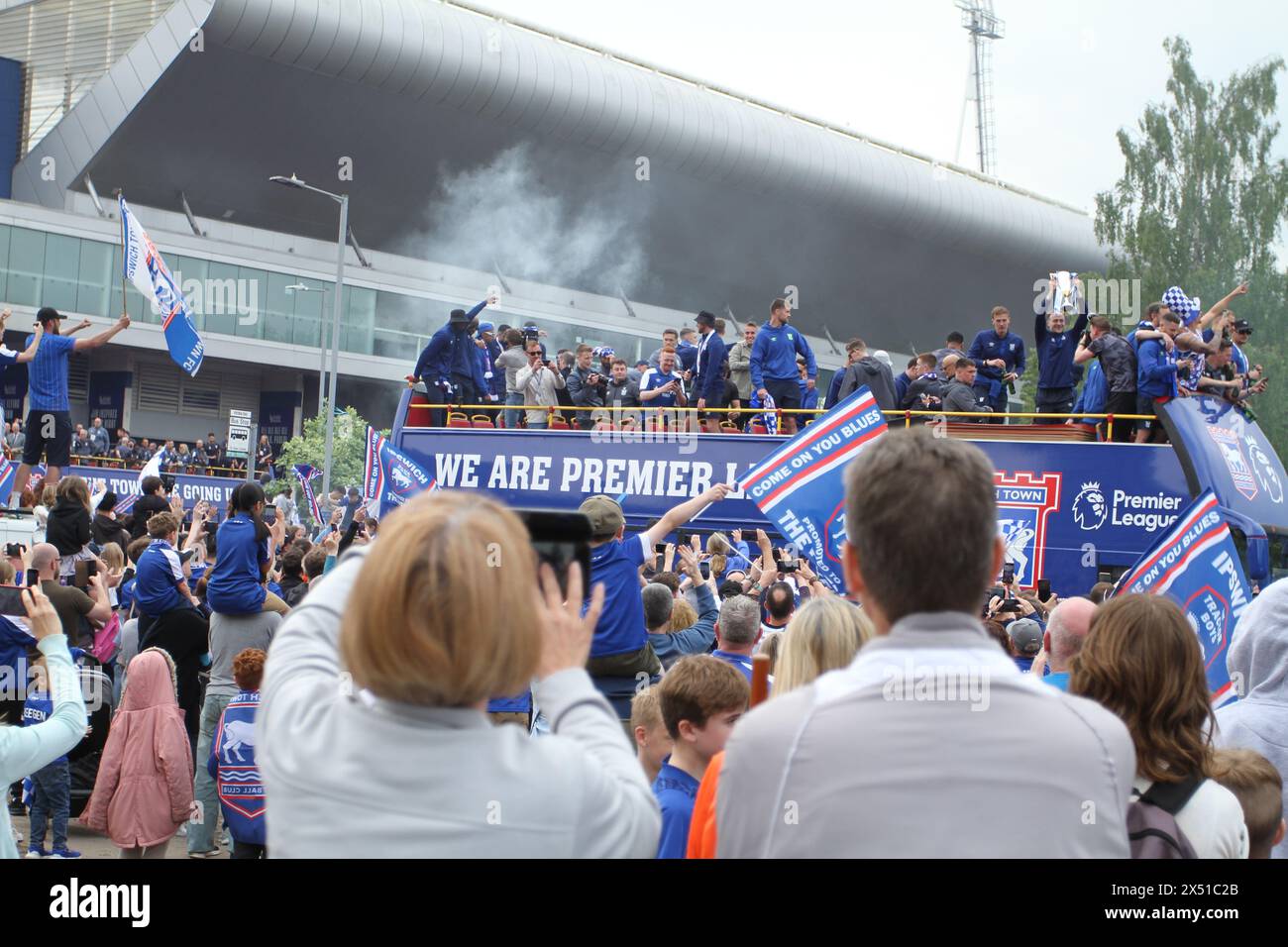 Ipswich, UK. 6th May, 2024. Ipswich Town Football Club celebrate back to back promotions, this season to the Premier League. Thousands of supporters gathered at the ground in Portman Road to welcome the team bus before it made its way through the town. Credit:Eastern Views/Alamy Live News Stock Photo