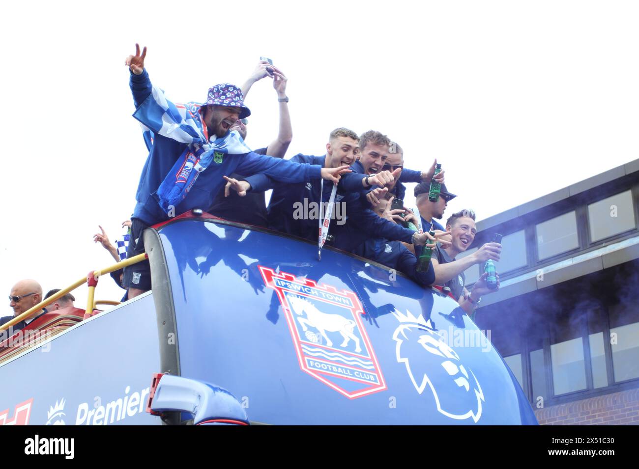 Ipswich, UK. 6th May, 2024. Ipswich Town Football Club celebrate back to back promotions, this season to the Premier League. Players at the front of the team bus. Credit:Eastern Views/Alamy Live News Stock Photo