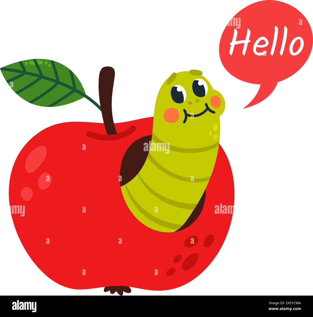 Worm and apple. Cartoon funny crawler looks out red fruit and say hello. Cute nature print or sticker design, children mascot, classy vector character Stock Vector