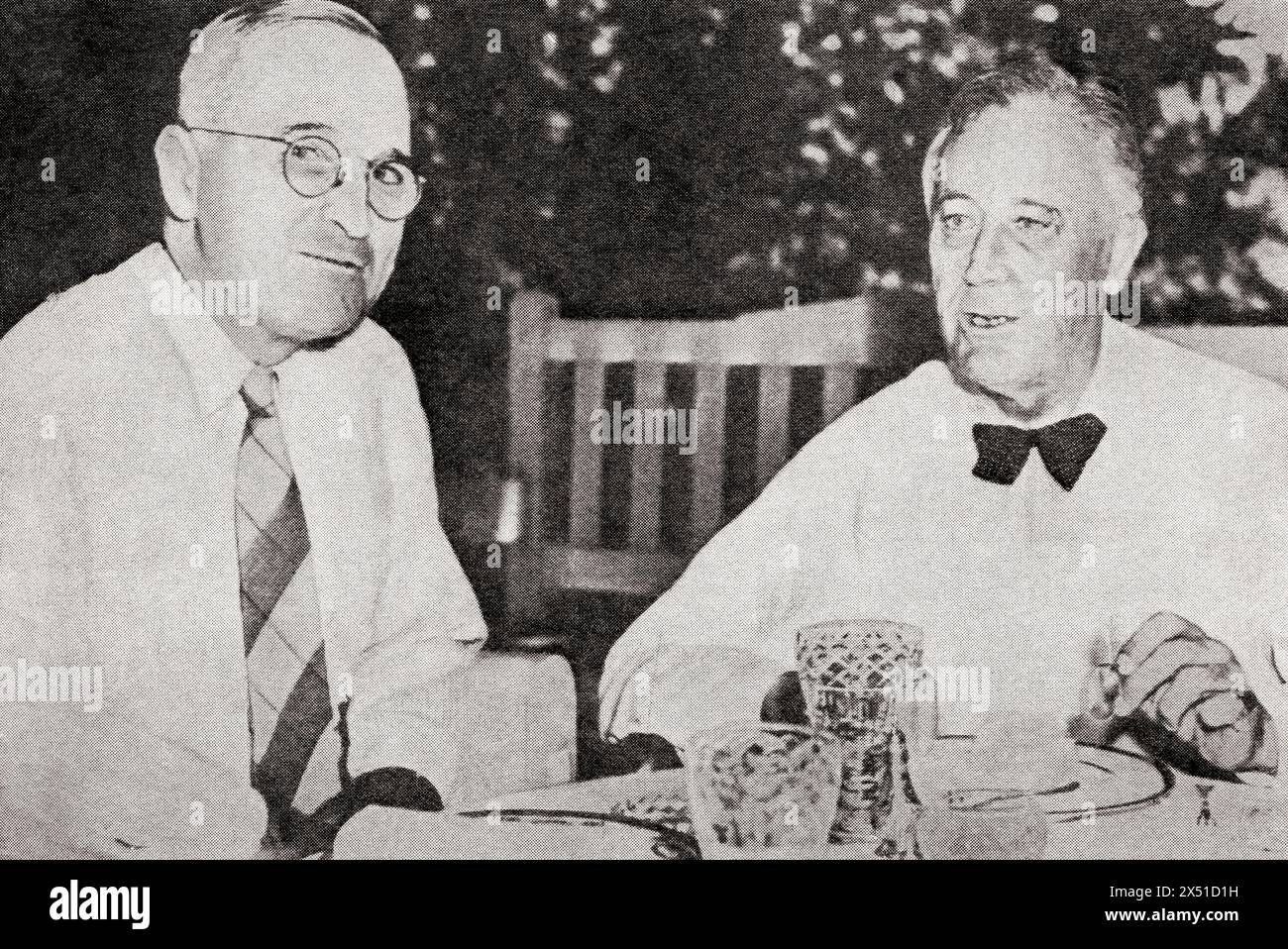 One of the last photographs of President Roosevelt, right, and his successor vice-president Truman, 1945. Harry S. Truman, 1884 – 1972.  33rd president of the United States.  Franklin Delano Roosevelt, 1882 –1945, commonly known by his initials FDR. American statesman, politician and 32nd president of the United States.  From The War in Pictures, Sixth Year. Stock Photo