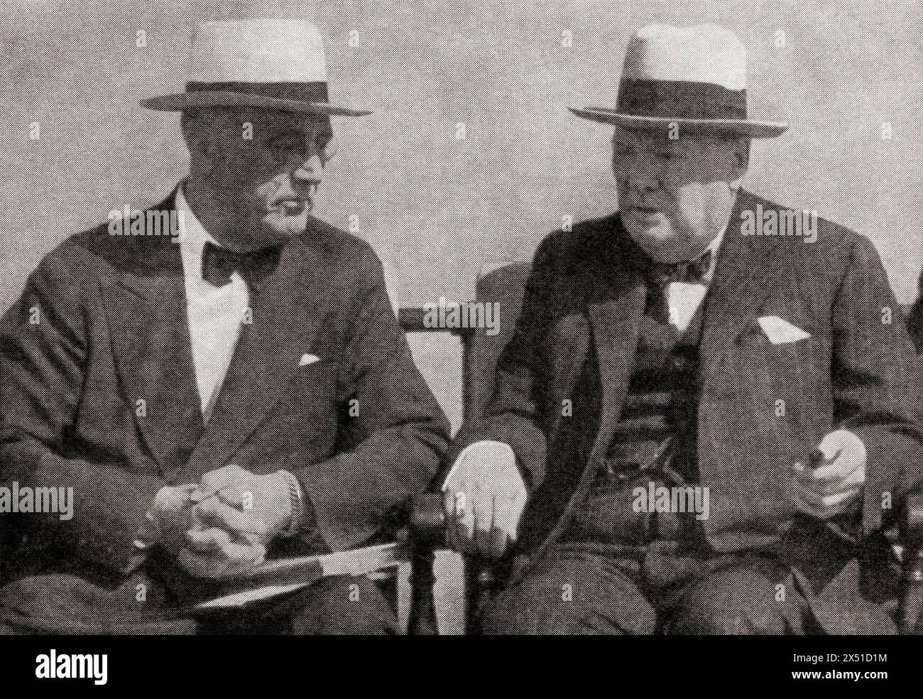 President Roosevelt and Winston Churchill, seen here at the Quebec Conference, 10-17 September, 1944.  Franklin Delano Roosevelt, 1882 –1945, commonly known by his initials FDR. American statesman, politician and 32nd president of the United States. Sir Winston Leonard Spencer-Churchill, 1874 – 1965. British politician, army officer, writer and twice Prime Minister of the United Kingdom.  From The War in Pictures, Sixth Year. Stock Photo