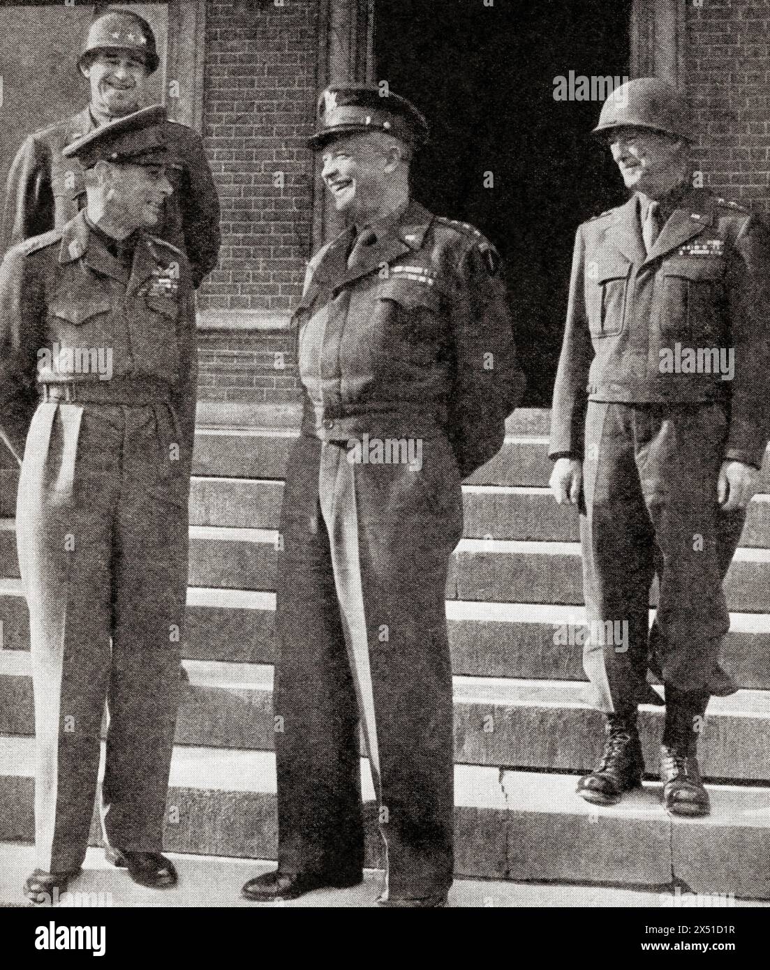 King George VI on his royal tour of the battle areas in Western Europe during WWII, seen here with General Eisenhower, 1944.  George VI, 1895 – 1952. King of the United Kingdom.  Dwight David Eisenhower, 1890 –1969, nicknamed Ike. American military officer, statesman and 34th president of the United States. From The War in Pictures, Sixth Year. Stock Photo