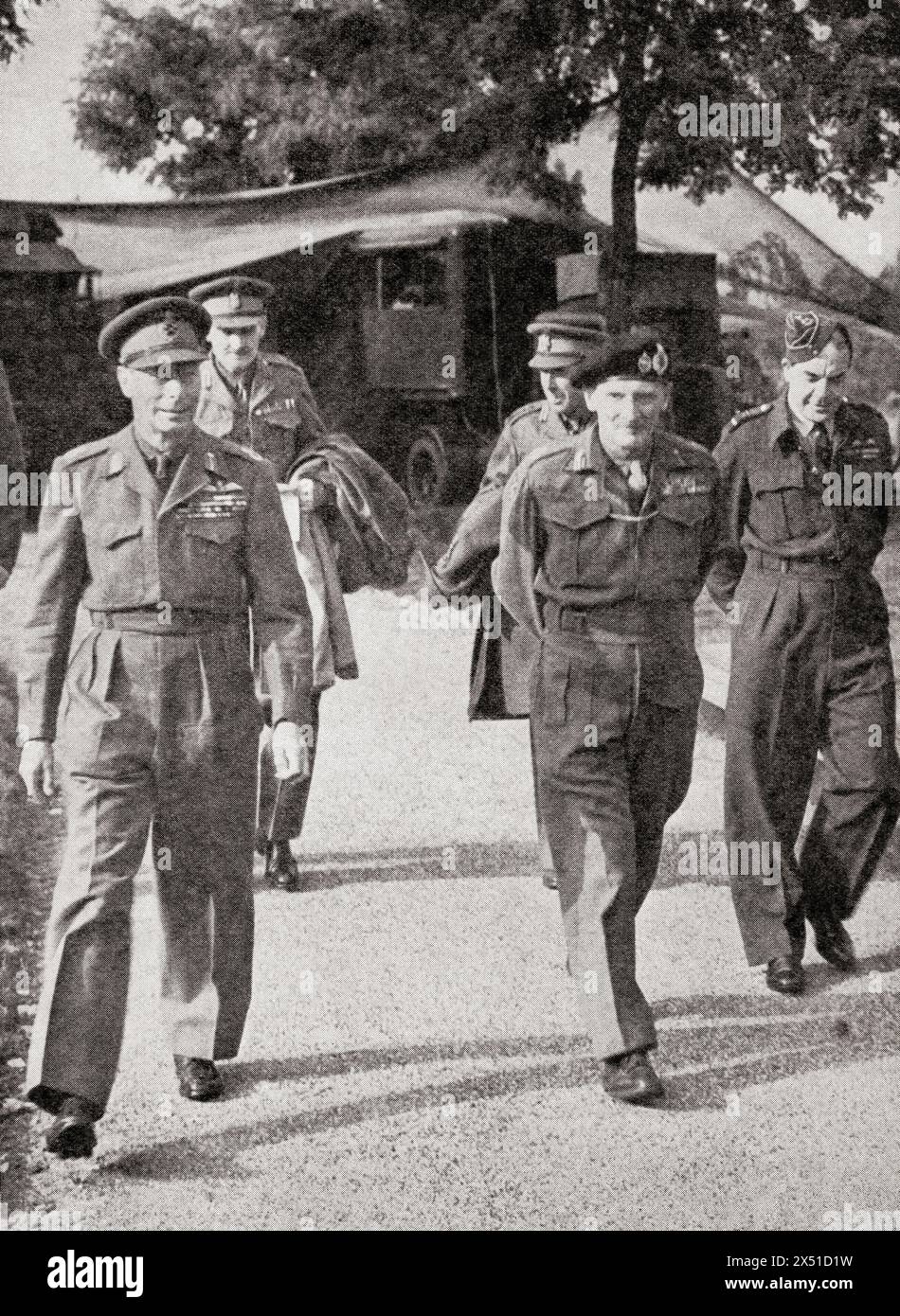 King George VI on his royal tour of the battle areas in Western Europe during WWII, 1944, seen here leaving British headquarters with Field Marshal Montgomery.  George VI, 1895 – 1952. King of the United Kingdom.  Field Marshal Bernard Law Montgomery, 1st Viscount Montgomery of Alamein, 1887 – 1976, aka Monty and The Spartan General.   Senior British Army officer.  From The War in Pictures, Sixth Year. Stock Photo