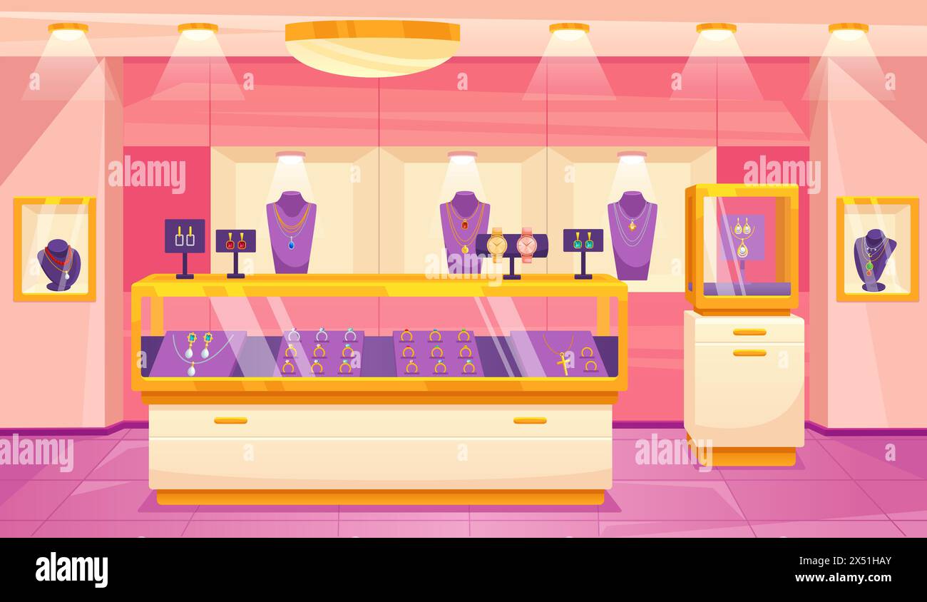 Jewelry store interior. Jewellery shop luxury exhibition jewel room boutique inside mall, gold accessories sale glass showcase retail shopping ingenious vector illustration of jewelry luxury shop Stock Vector