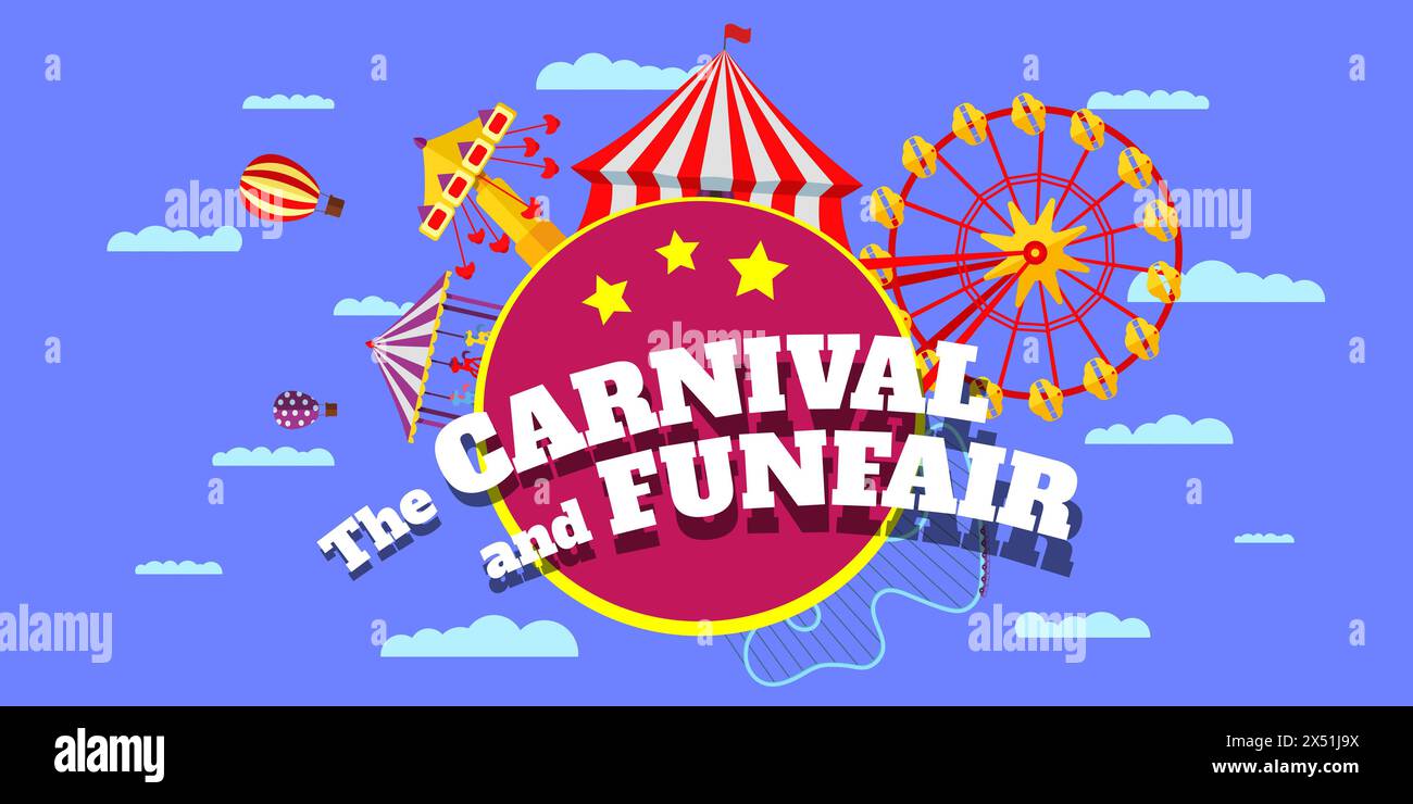 Carnival funfair horizontal banner. Amusement park circus, carousels, ferris wheel and merrygo