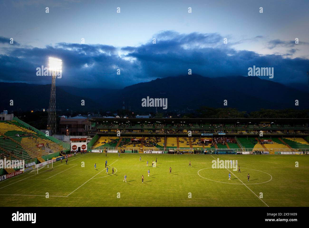 A soccer match between Real Espana and Club Deportivo Marathon is played in San Pedro Sula's Francisco Morazan stadium. Stock Photo