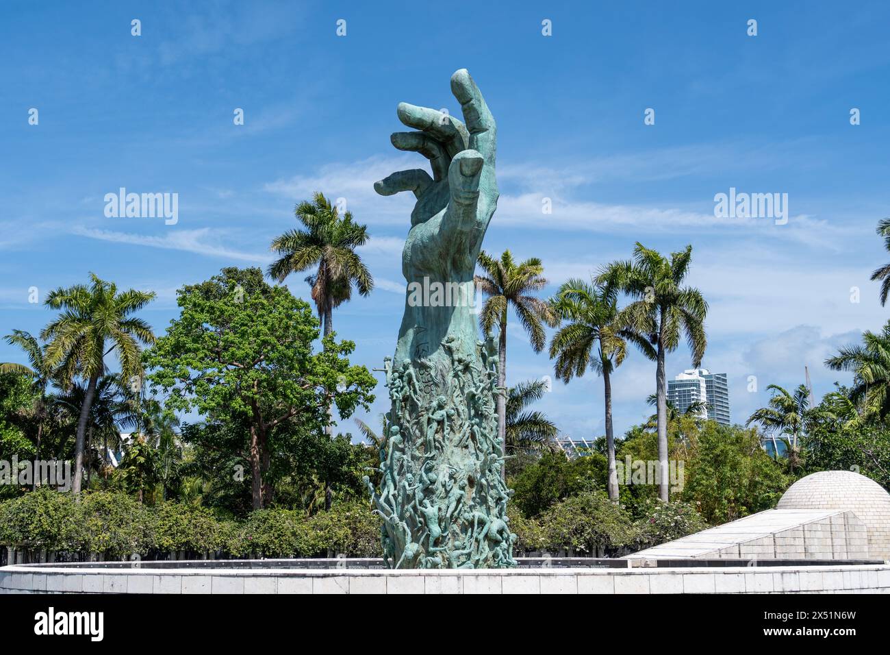 Miami, FL - April 2, 2024: The Miami Beach Holocaust Memorial by Ken Treister depicts a four story high outstretched arm, tattooed with a number from Stock Photo