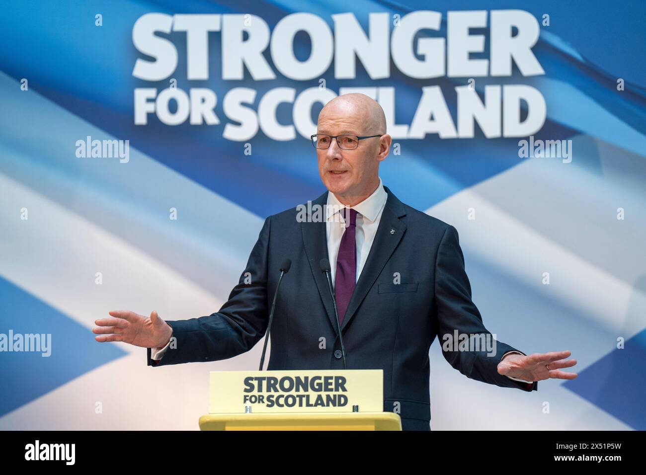 Newly elected leader of the Scottish National Party (SNP) John Swinney delivers his acceptance speech at Advanced Research Centre (ARC), Glasgow University, after he was confirmed as the SNP's new leader - with no other possible candidates coming forward to challenge him for the position. Picture date: Monday May 6, 2024. Stock Photo