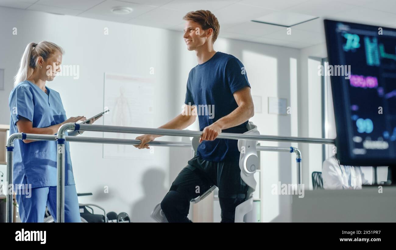 Modern Hospital Physical Therapy: Doctor Uses Tablet Computer, Helps Disabled Patient with Injury Walk on Treadmill Wearing Advanced Robotic Exoskeleton Legs. Physiotherapy Rehabilitation Technology Stock Photo