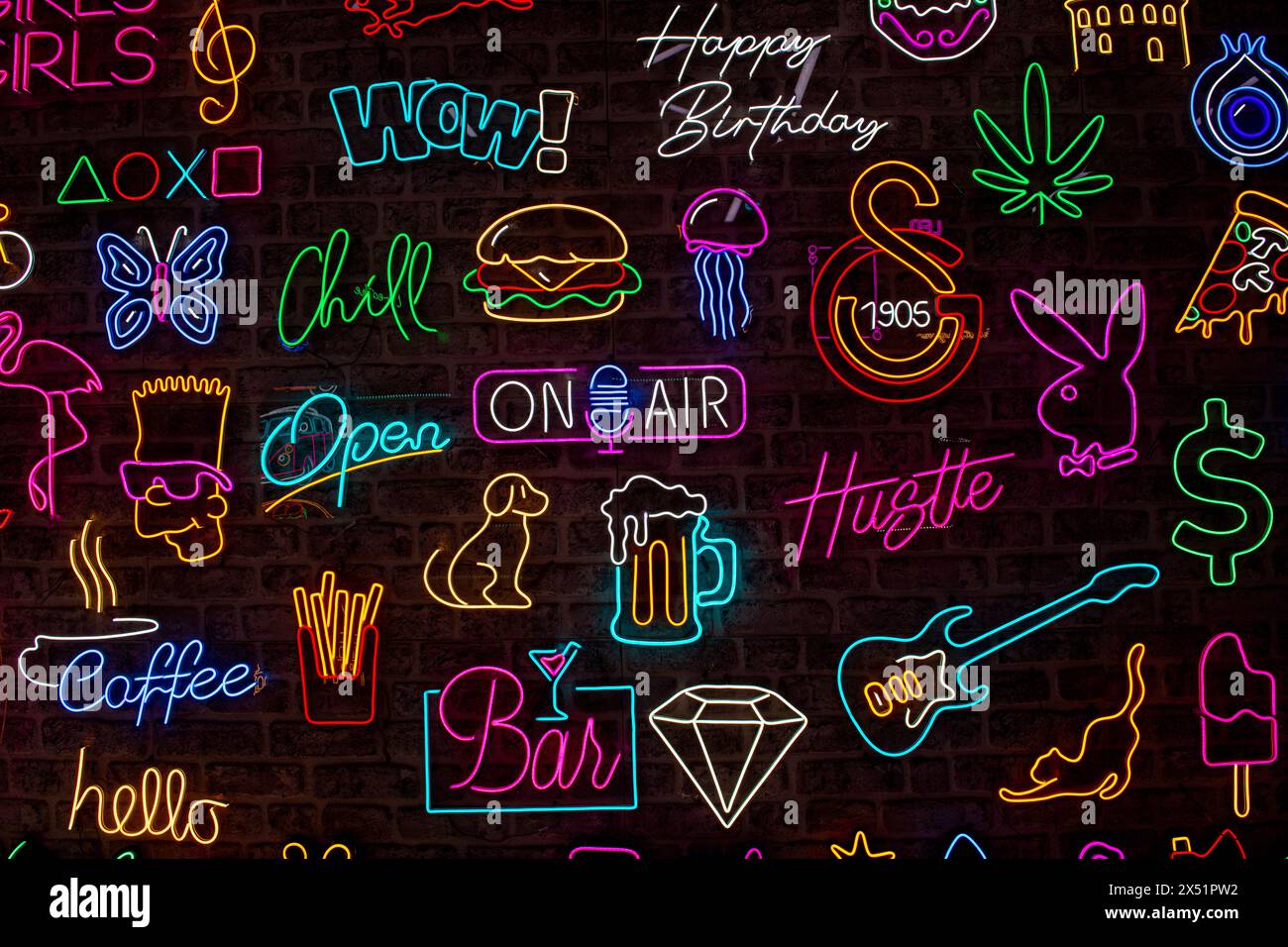 Neon signs on a black background Stock Photo