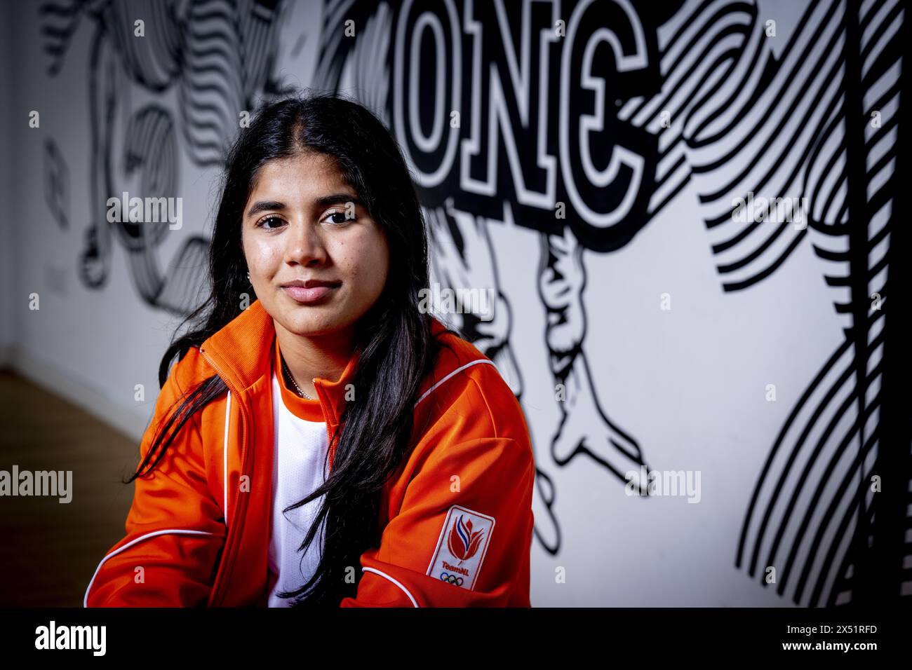 AMSTERDAM - Portrait of India Sardjoe, member of the Dutch Breaking Team. She has qualified for the breakdance section at the Olympic Games in Price. ANP ROBIN UTRECHT Stock Photo