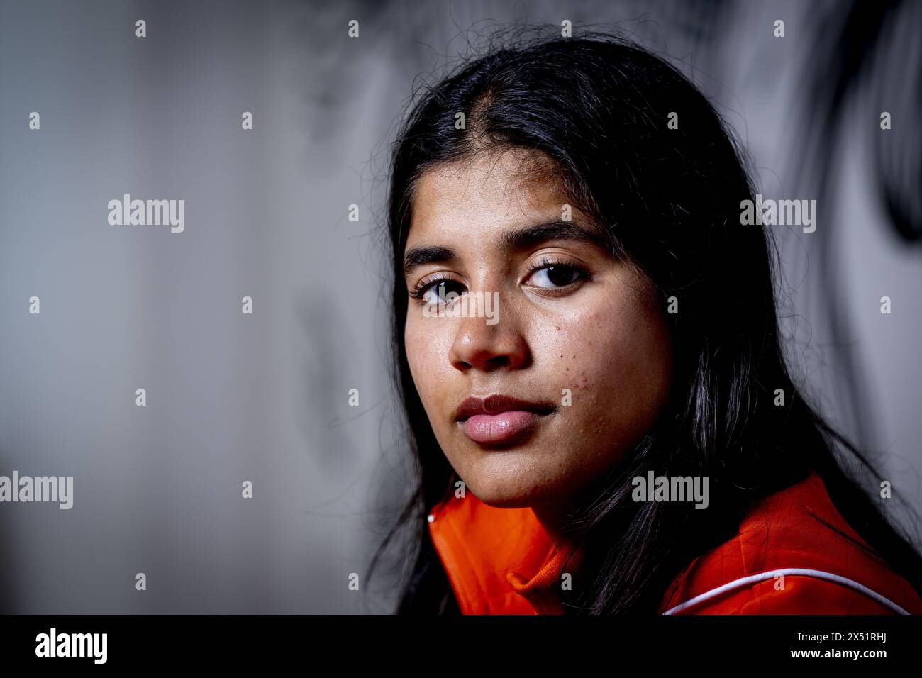 AMSTERDAM - Portrait of India Sardjoe, member of the Dutch Breaking Team. She has qualified for the breakdance section at the Olympic Games in Price. ANP ROBIN UTRECHT Stock Photo