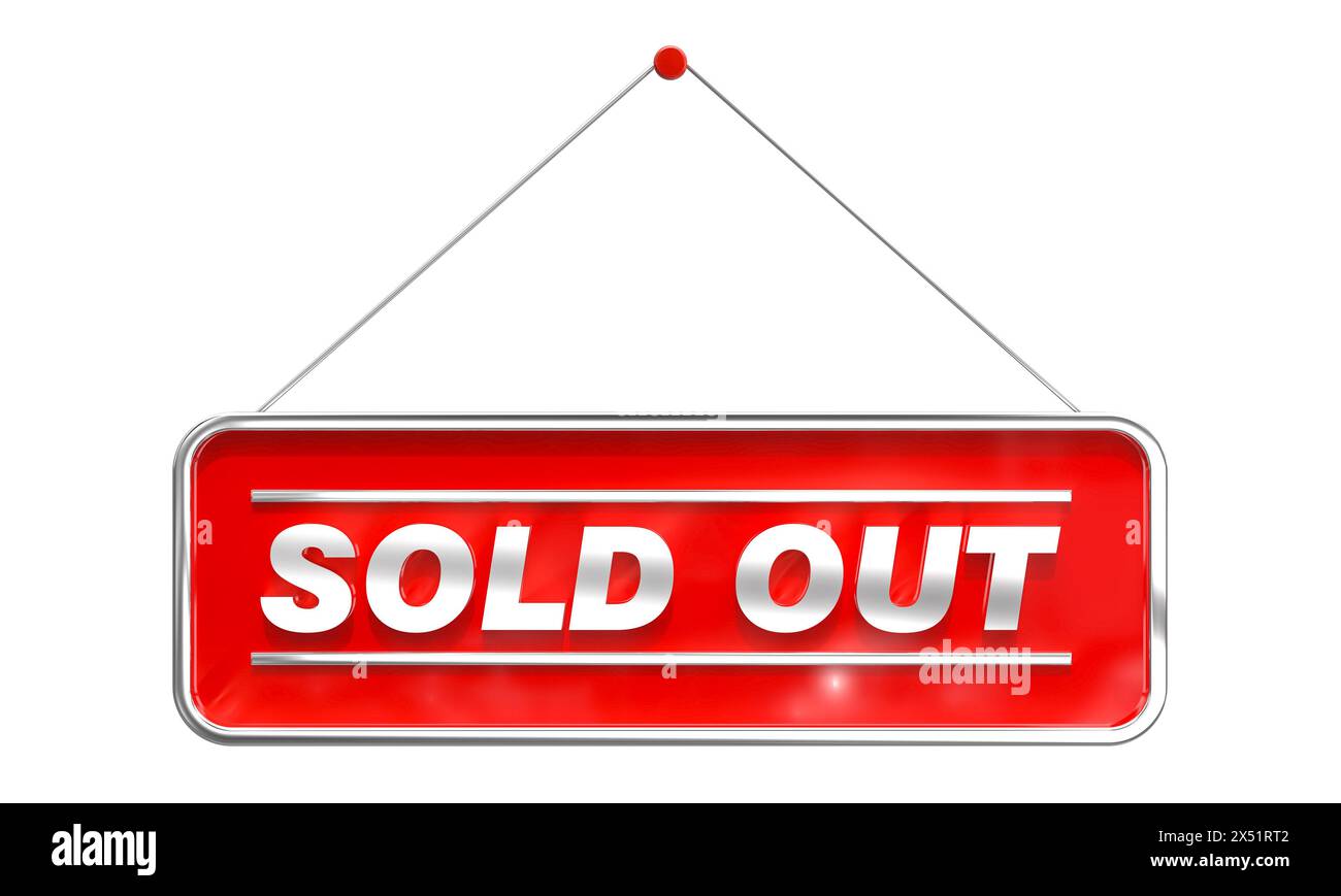 Red and white sold out sign, hanging with a metallic chain on a transparent background Stock Photo
