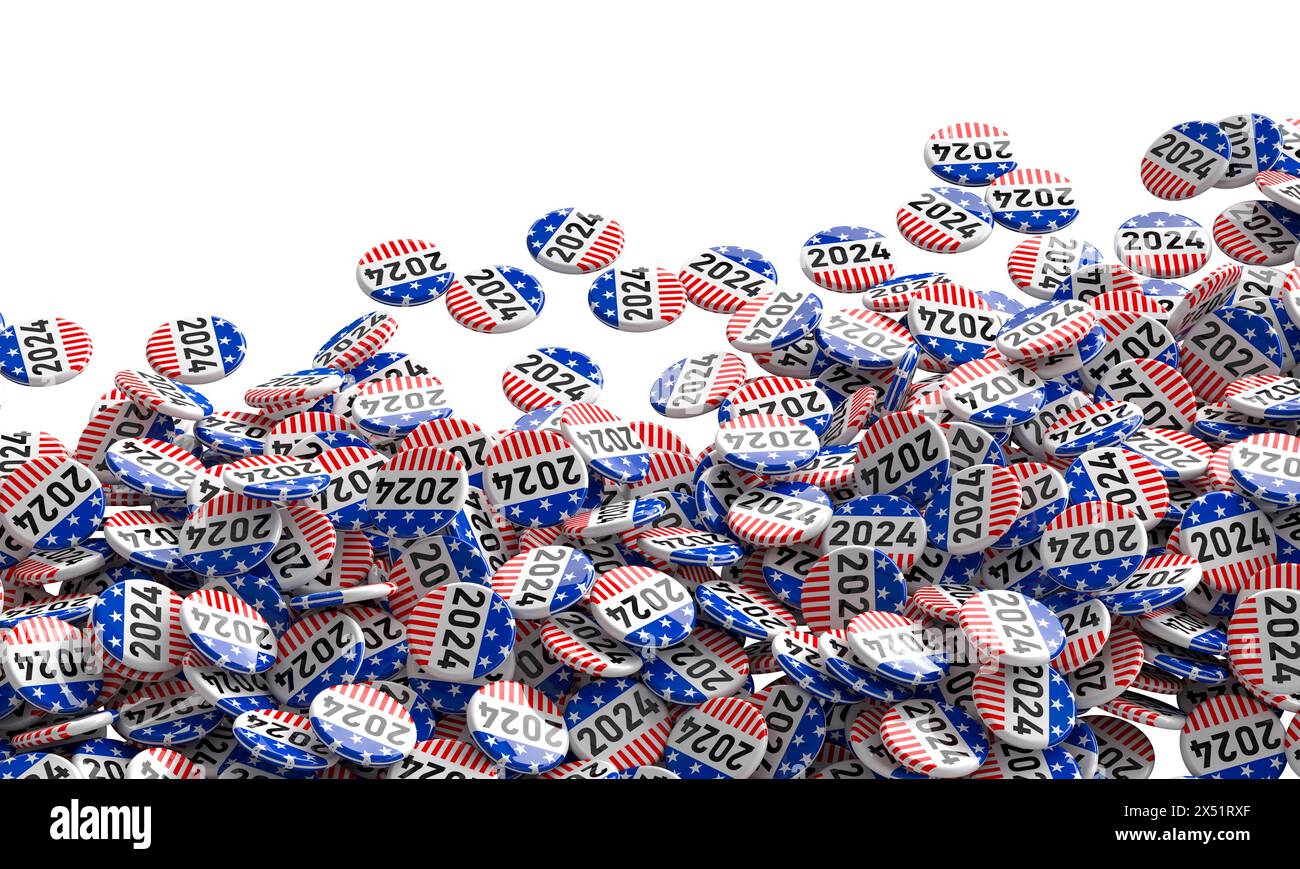Large collection of patriotic-themed buttons with 2024 text for the us election Stock Photo