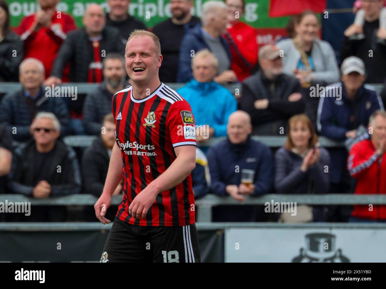 Seaview Stadium, Belfast, Northern Ireland, UK. 06th May 2024. NIFL European Final Play-off  - Crusaders v Coleraine, the winner qualifying for UEFA European football next season. Crusaders (in red). Winning goalscorer and Seaview legend Jordan Owens. Action from today's game. Credit: CAZIMB/Alamy Live News. Stock Photo