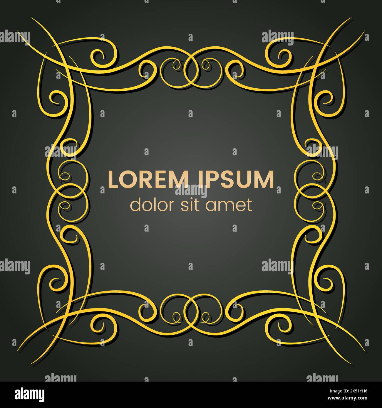 A square golden monogram element on a dark background. Vector illustration. Stock Vector
