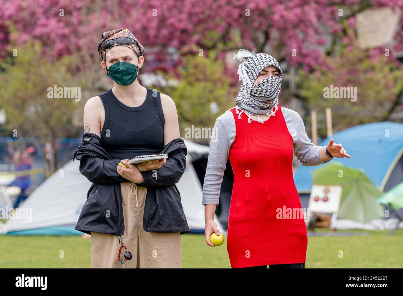 Pro-Palestinian protestors poses at encampment created by students occupying University of Toronto’s King College Circle. Stock Photo