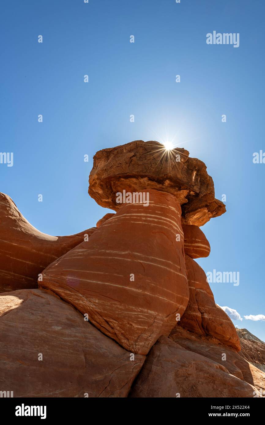 Beautiful Toadstool Hoodoos in Kanab Utah shows a backlit image with a sunburst of light framing the eroded formation.  The sandstone is harder on the Stock Photo