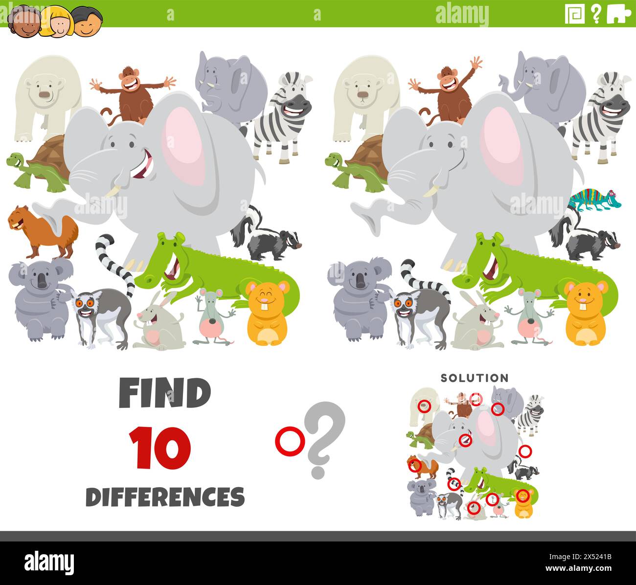 Cartoon illustration of finding the differences between pictures educational game with wild animal characters group Stock Vector