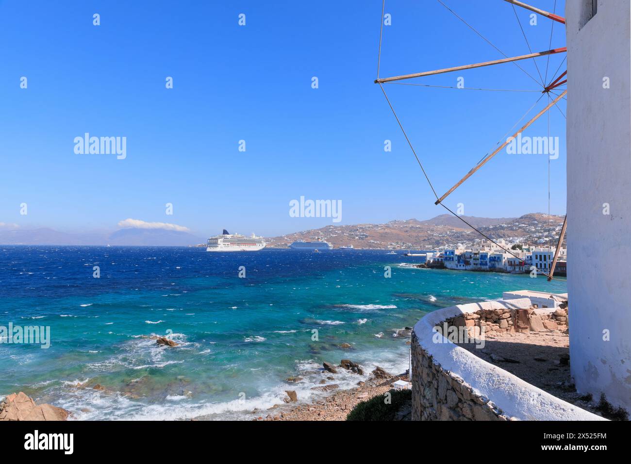 View of the famous pictorial Little Venice in Mykonos island from typical vindmills, Greece. Stock Photo