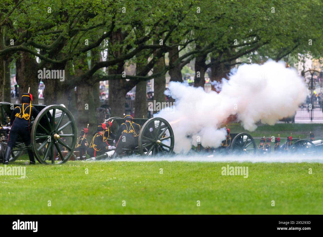 London, UK, 06th May, 2024.  The King’s Troop Royal Horse Artillery fire a 41 Gun Royal Salute marking the first anniversary of Their Majesties The King and Queen’s Coronation in London, UK Stock Photo