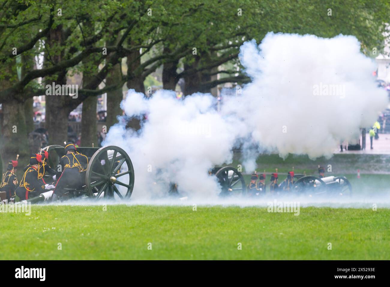London, UK, 06th May, 2024.  The King’s Troop Royal Horse Artillery fire a 41 Gun Royal Salute marking the first anniversary of Their Majesties The King and Queen’s Coronation in London, UK Stock Photo
