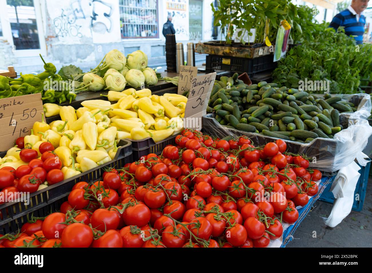 Fresh fruit and vegetables displayed for sale at farmers market. Stock Photo