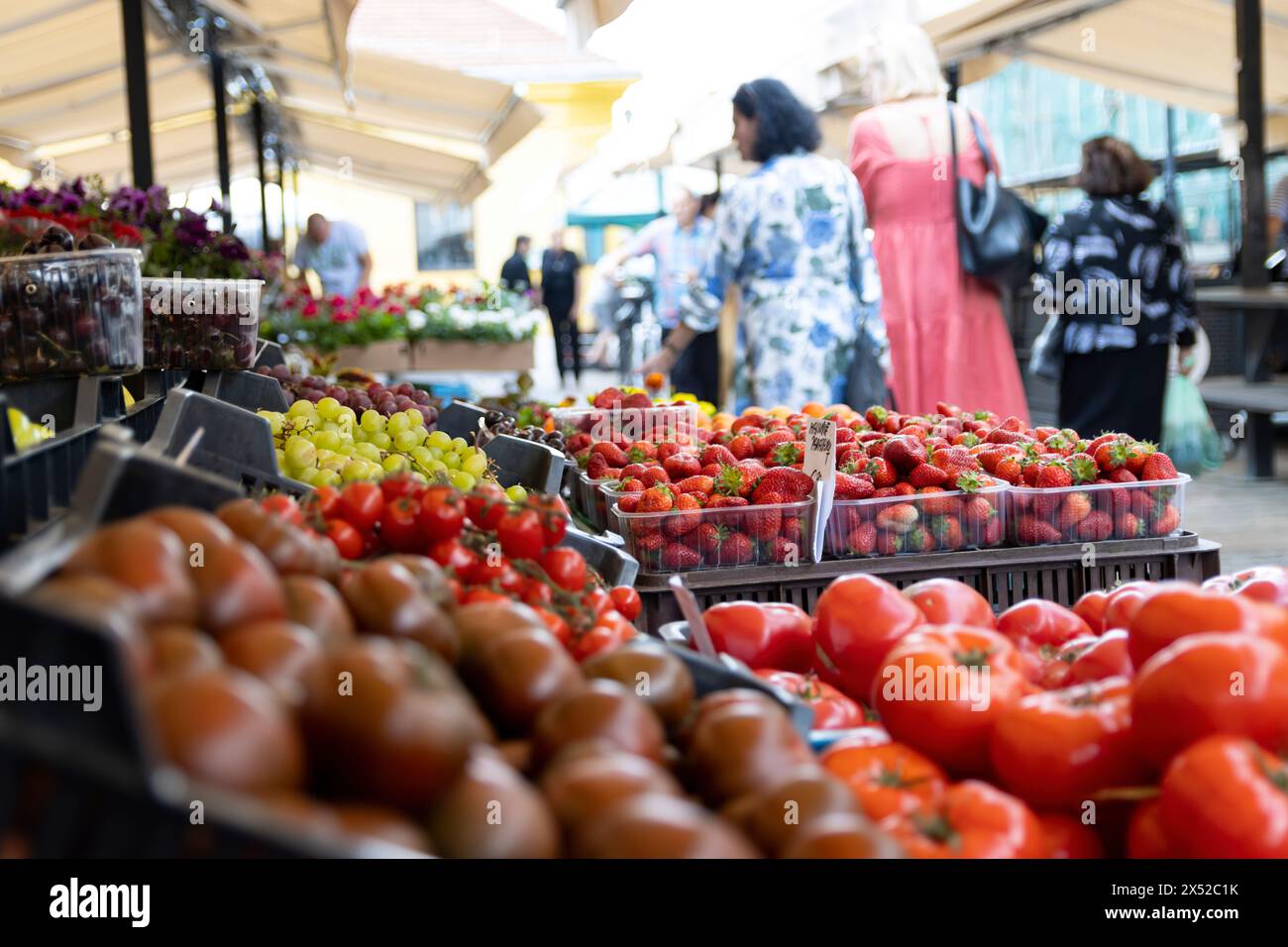 Fresh fruit and vegetables displayed for sale at farmers market. Stock Photo