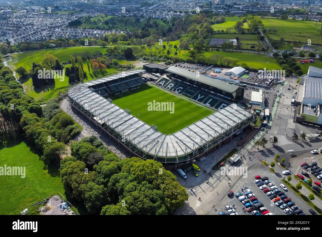 General aerial view of Home Park stadium home of English Football League championship team Plymouth Argyle football club at Plymouth in Devon, UK. Stock Photo