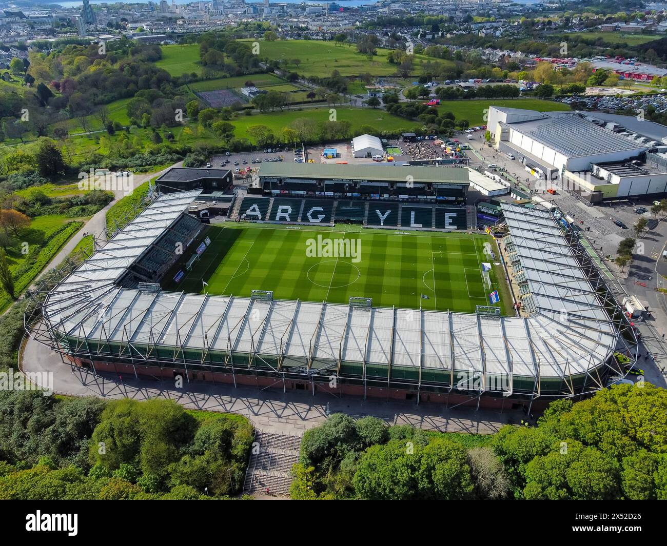 General aerial view of Home Park stadium home of English Football League championship team Plymouth Argyle football club at Plymouth in Devon, UK. Stock Photo